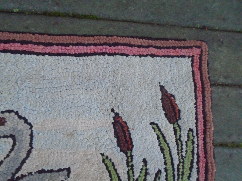 Vintage Folk Art Two Swans on Pond Hooked Rug 23" x 34 " gallery