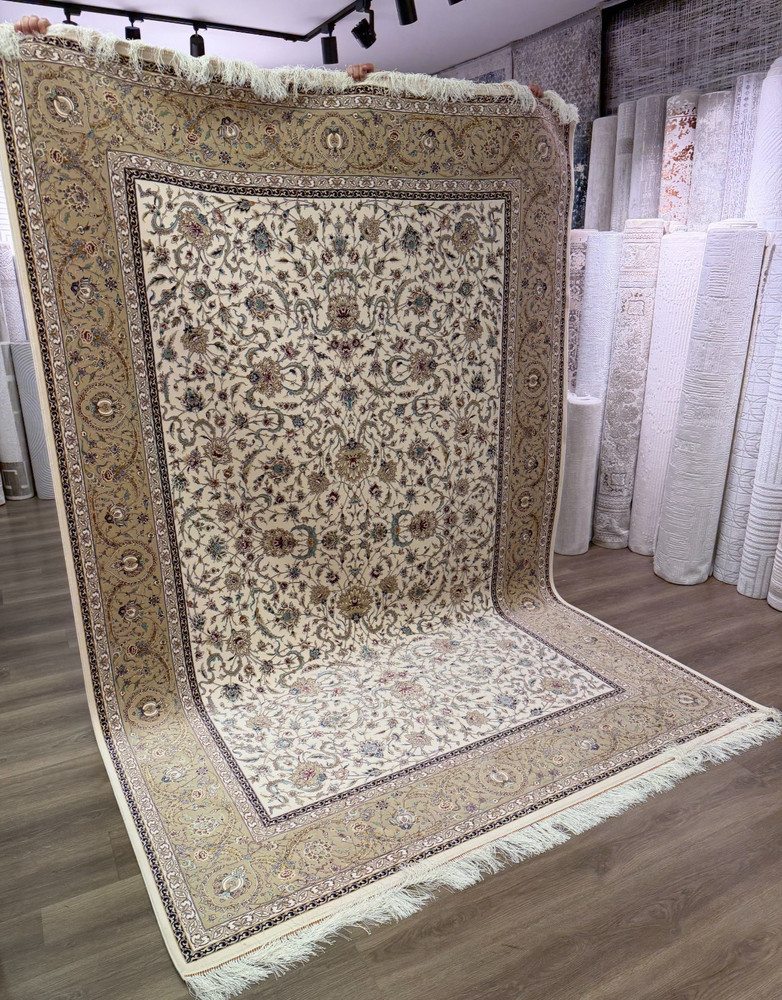 Turkish Silk Rug 8x11 ft Cream Beige Floral Oriental Luxury Traditional Area Rug