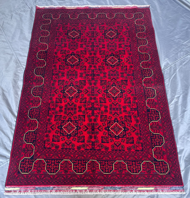 Hand Knotted Afghan Turkmen Rug Khal Mohammadi Red Geometric Room Rug 4'1 x 6'1 gallery
