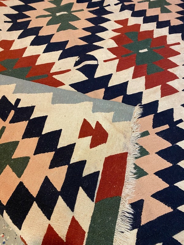 Vintage Antique Wool Handwoven Flat Weave Turkish Aztec Fringed Area Rug 7'x9' gallery