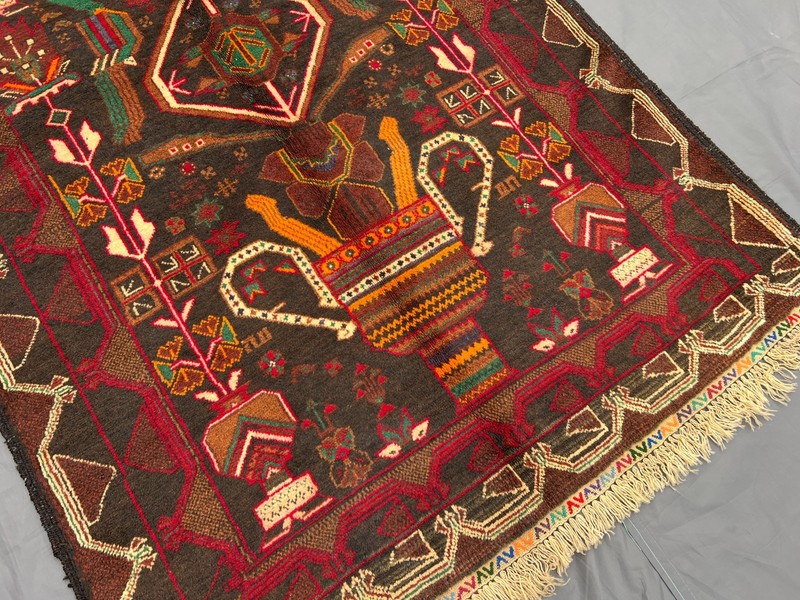 3'7x6'6 ft Vintage Afghan Baluchi Hand-Knotted Pictorial Dark Red Multicolor Rug gallery