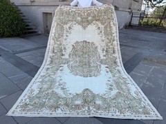 Oversized Vintage Turkish Oushak Rug 5.9×9.9 ft Muted Ivory Beige Wool Area Rug