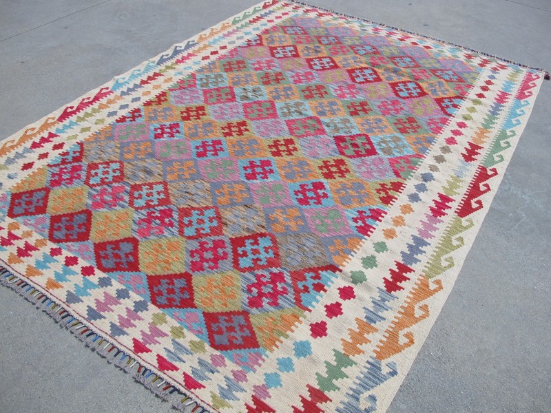 7x9 Afghan Kilim Rug Pink Handwoven Wool Maimana Rug Colorful Boho Area Carpet gallery