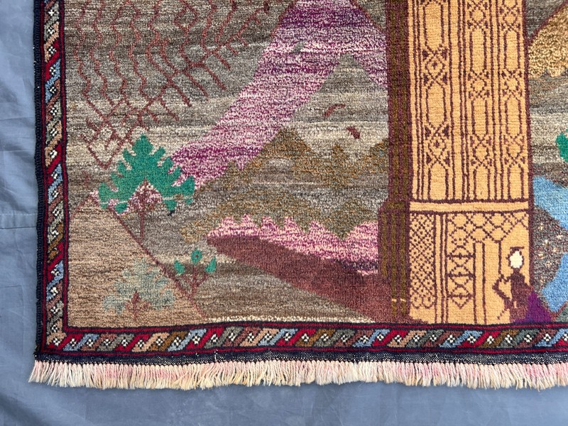 Blue Beige Minar Rug 3'1x4'8 Hand Knotted Caucasian Tribal Pictorial Wool Rug gallery