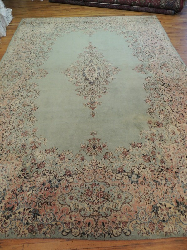 10x14 Antique Kermaan Oriental Area Rug wool Pastel Green Pink Salmon gallery