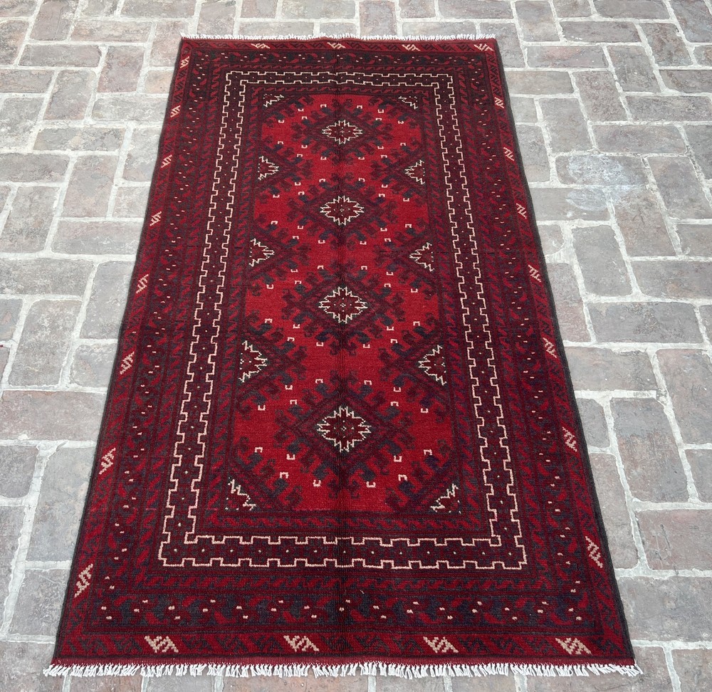 Authentic Afghan Red Bokhara Rug 3.4x6.4 Ft Handmade Wool Tribal Area Carpet