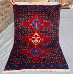 Vintage Turkish Hand Knotted Rug Geometric Medallion Red Blue 2’3×3’2 Moss Rug
