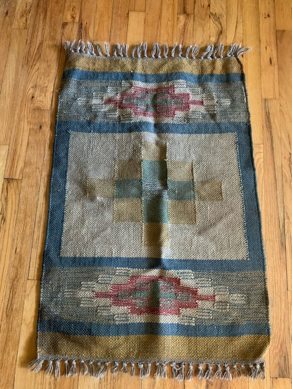 Vtg Southwestern Handwoven Tribal Wool Earth Tone Colors Rug 25In x 36in gallery