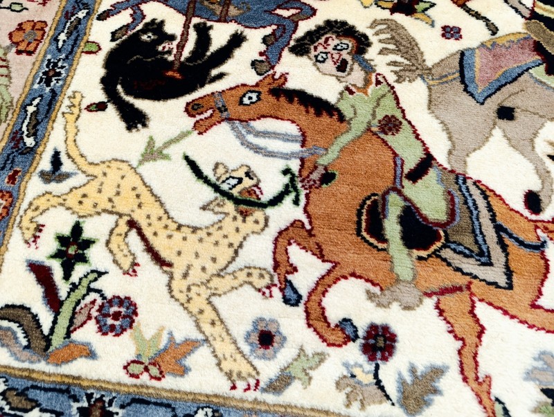 Vintage Kashmiri Hunting Scene Pictorial Rug Hand Knotted Wool 4x6.3 ft gallery