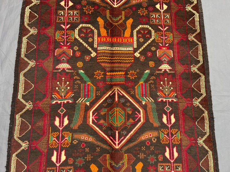3'7x6'6 ft Vintage Afghan Baluchi Hand-Knotted Pictorial Dark Red Multicolor Rug gallery