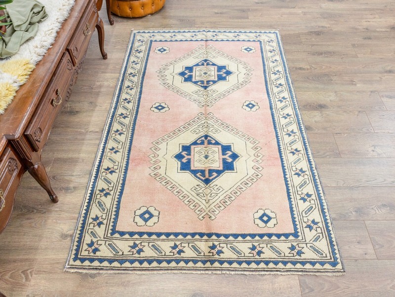 Turkish Oushak Wool Rug 4.2x6.5 ft – Faded Blush & Indigo – Japandi Entry Decor gallery