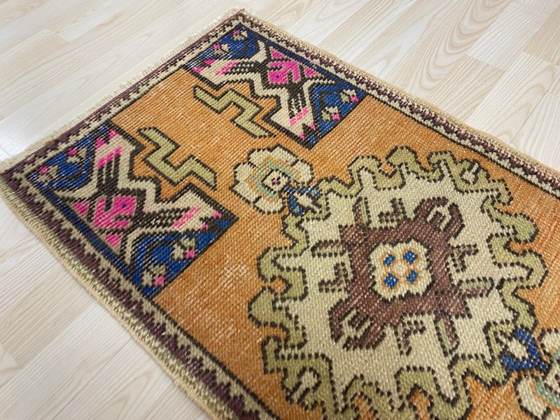 Antique Turkish Rug 1.5x3.1 ft Vintage Small Tribal Orange Pink Wool Boho Rug gallery