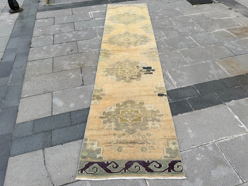 Vintage Turkish Oushak Runner Rug 2.4x10 ft Honey Beige Sage Green Rug gallery
