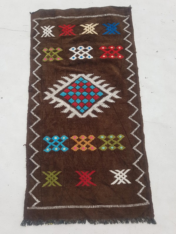 Fine Vintage Traditional Hand Made Moroccan Wool Brown Kilim 103x52cm gallery