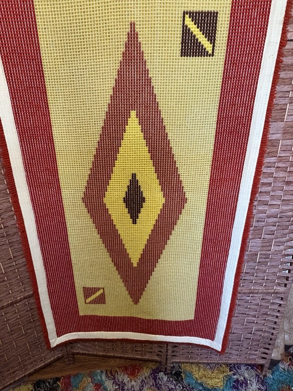 Vintage 70's MCM Latchhook Rug Bohemian Aztec 54X29 gallery