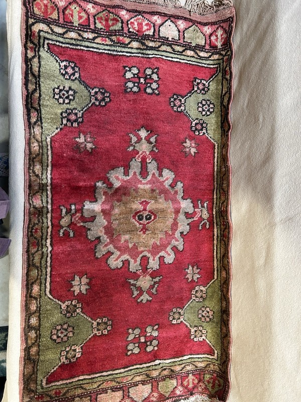 Distressed Antique Traditional Handmade Turkish Wool Multicolor Rug 37x19 in (L3 gallery