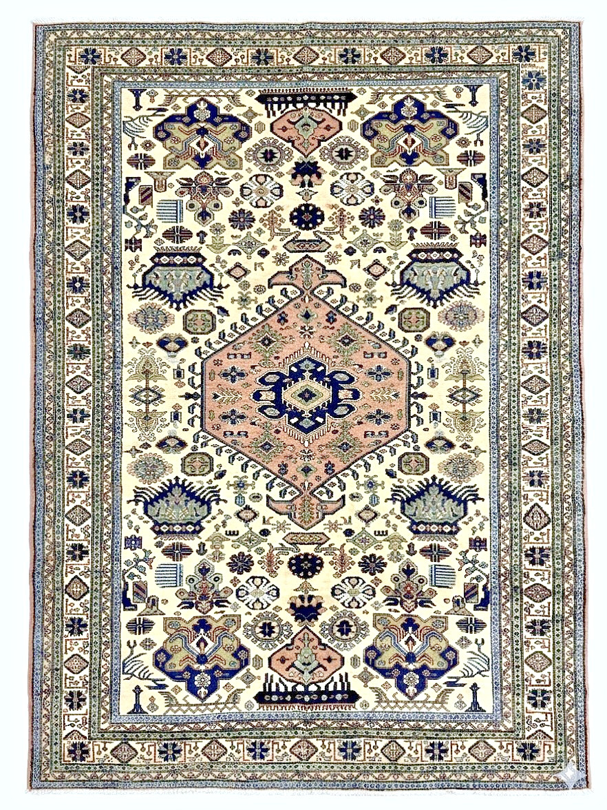 Ardebil Vintage Tribal Geometric Hand Knotted Wool Rug 6x9 Ivory Oriental Boho gallery