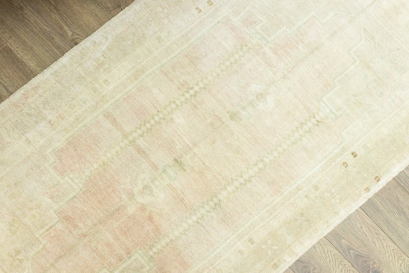 Vintage Hand-Knotted Turkish Oushak Wool Rug – Blush Pink, Sage – 4'1" x 7'4" ft gallery