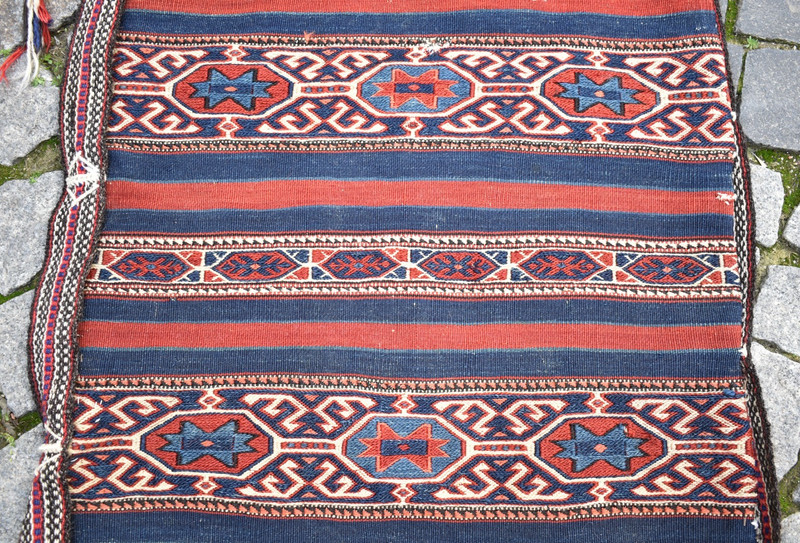 Antique Turkish Chuval Rug 25'' x 43'' Collector's Item Soumak Chuval Bag Rug gallery