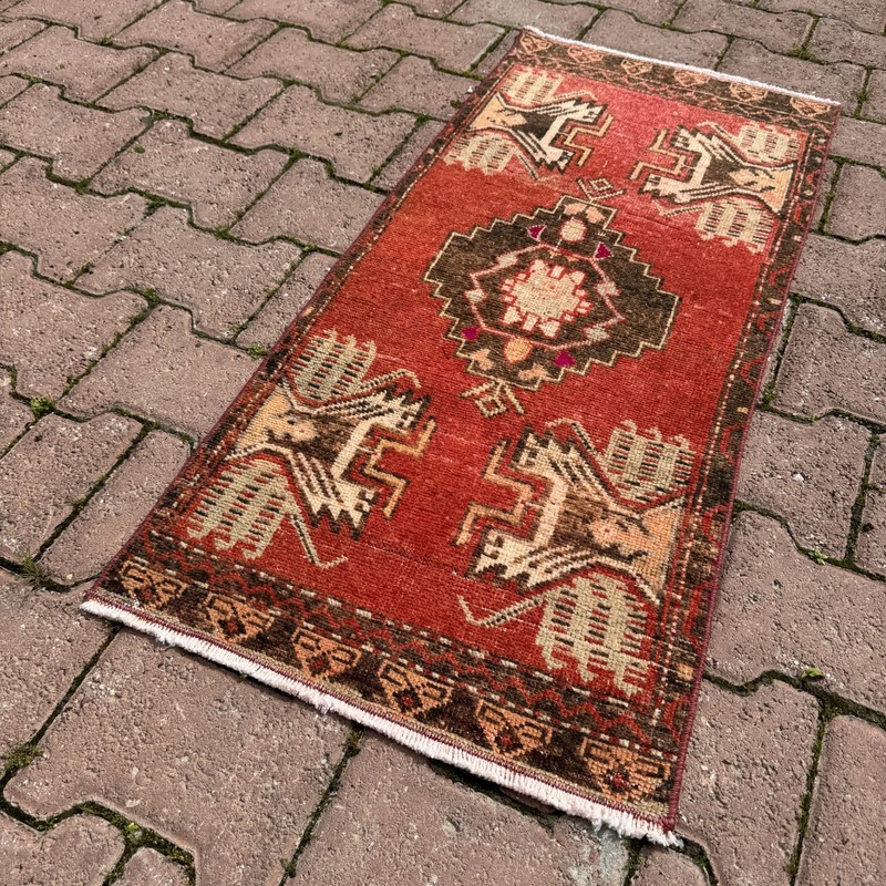 Rust Red 1x3 ft Turkish Wool Accent Rug With Ivory Animal Motifs - Tariff Free gallery