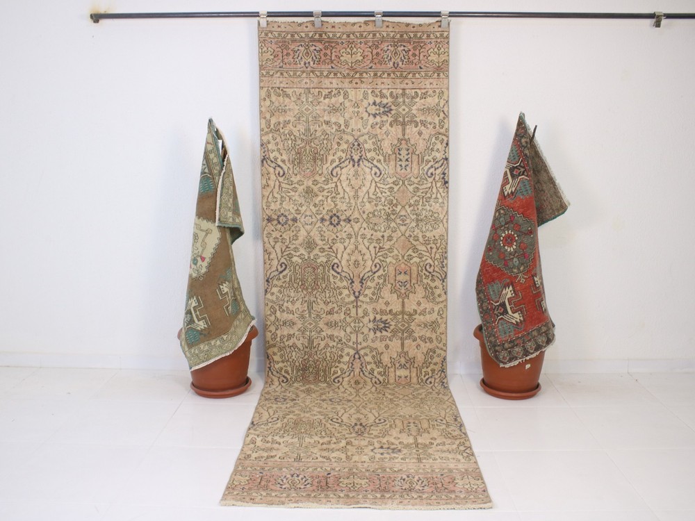 3x10 Brown Runner Rug, Handmade Turkish Rug, Vintage Floral Muted, 3.0x9.6 Ft
