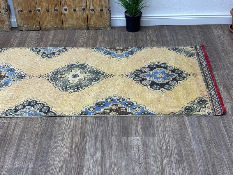 3x10 Hand-Knotted Beige Blue Green Vintage Turkish Oushak Hallway Runner Rug gallery