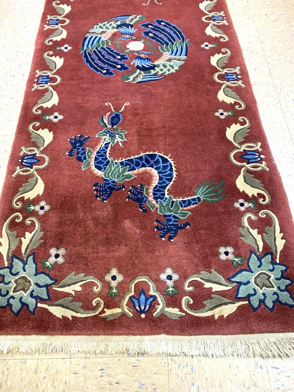c1950's ANTIQUE MINT ART DECO DRAGON DESIGN CHINESE NICHOLS RUG 3’9” X 10’6” gallery