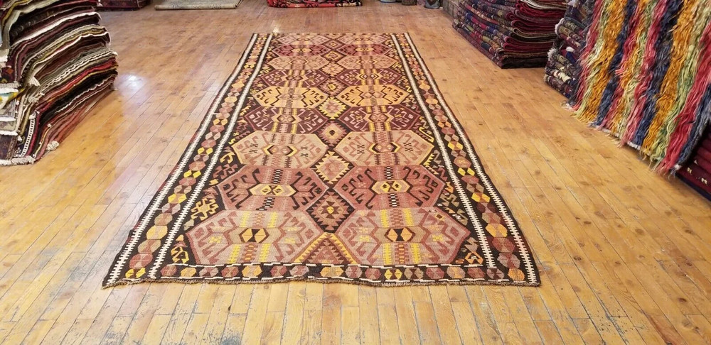 Bohemian 1900-1939s Antique Wool Pile Natural Dye Flat-Woven Kilim 4'4"×11'4"