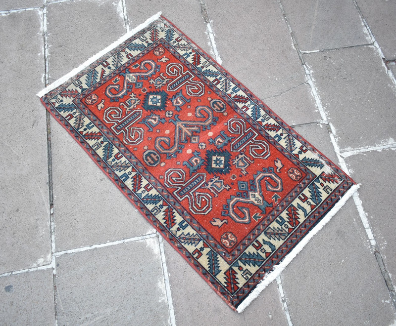 Fabulous Antique Caucasian Rug 21'' x 38'' Collectors Item Low Pile Worn Rug gallery