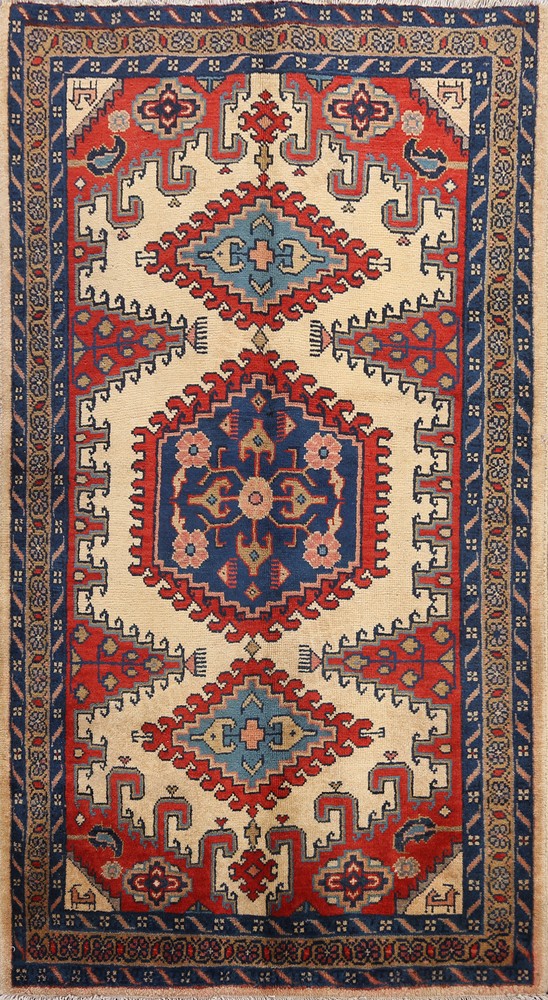 Ivory Geometric Viss Indian Area Rug Tribal Hand-knotted Wool Carpet 4x6