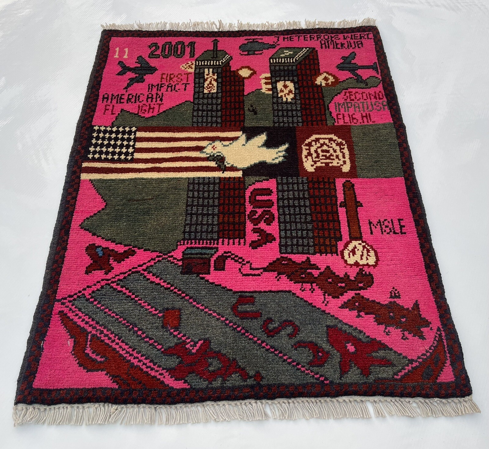 75x60cm Handmade rug 9/11 twin towers War Rug Afghan War Rug Handicrafts #265 gallery