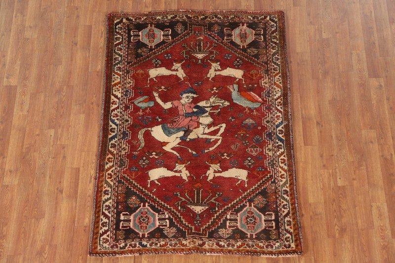 Hunting Design Handmade Traditional Rug 4x5 Ft Red Pictorial Oriental Wool Rug gallery