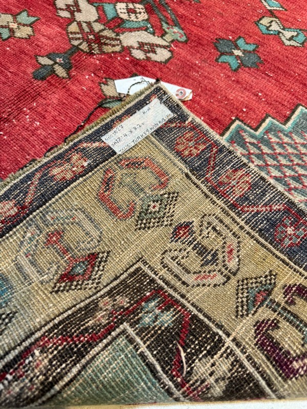 Oriental Hand-Knotted Wool Gallery Size Turkish Oushak Red/Blue/Ivory 4' x 8'2" gallery