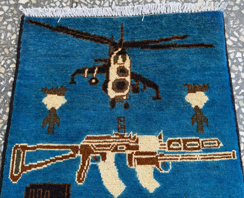 2x3 Afghan Hand Knotted War Rug Helicopter Rifle Blue Wool Carpet New gallery