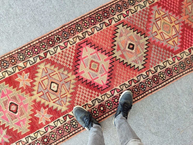 Rare Antique rug 3x12, Red Turkish runner 3x12 vintage, Heriz rug, Herki rug gallery