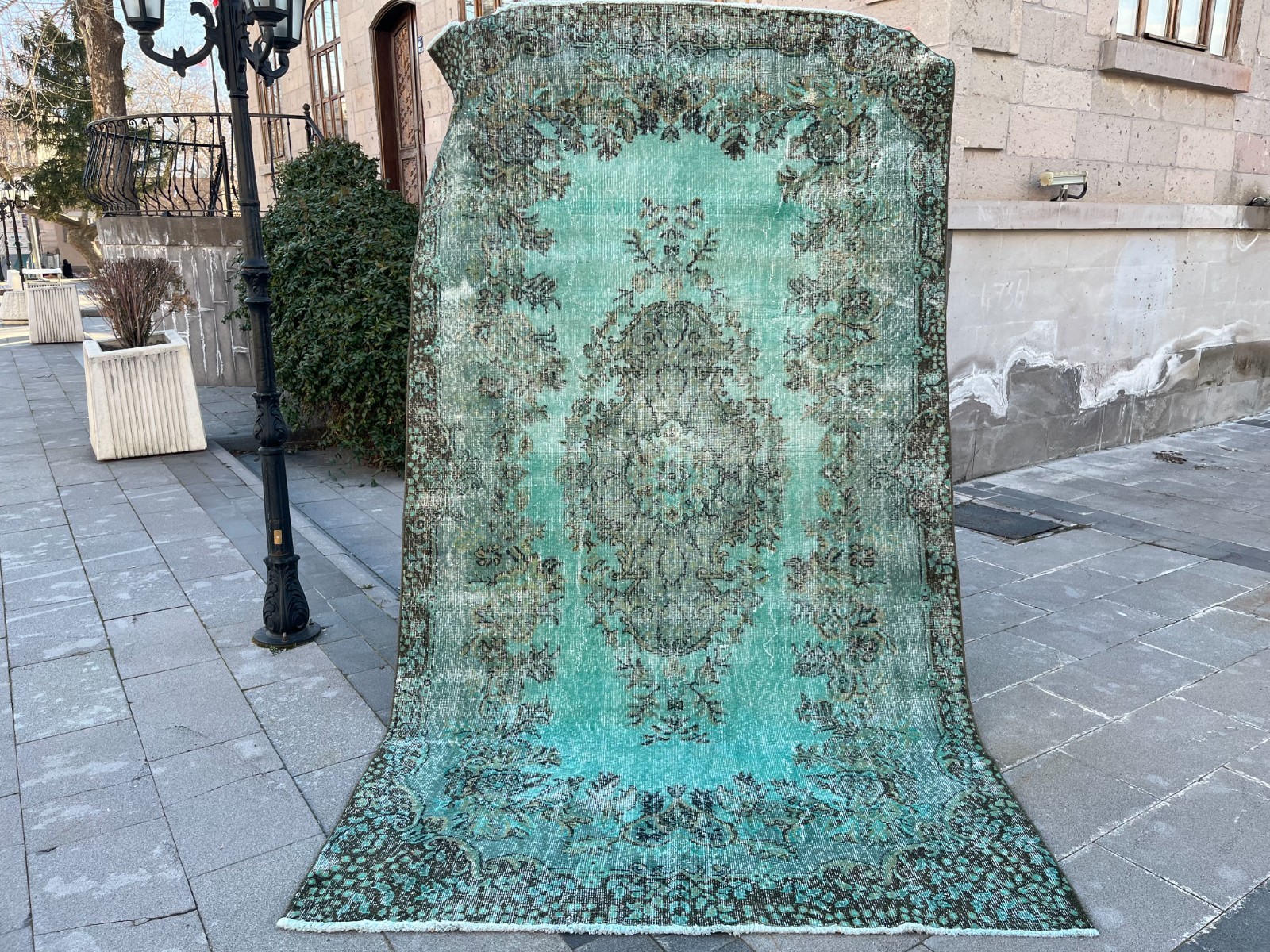 Vintage Turkish Oushak Overdyed Rug 5.5x9.8 ft Turquoise Teal Distressed gallery