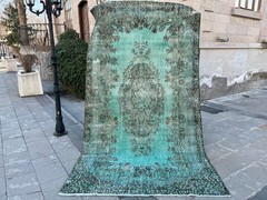 Vintage Turkish Oushak Overdyed Rug 5.5×9.8 ft Turquoise Teal Distressed