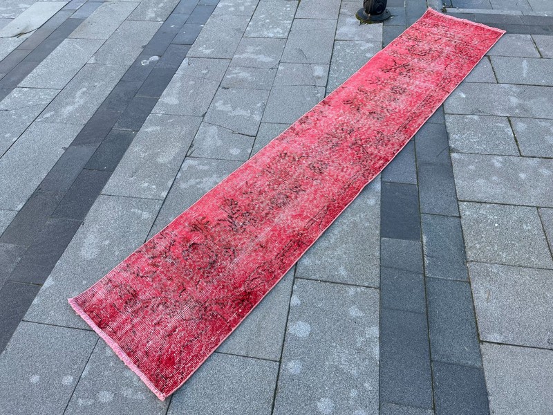 Overdyed 1.7x9.2 ft Vintage Turkish Runner Rug – Red Distressed Hallway gallery