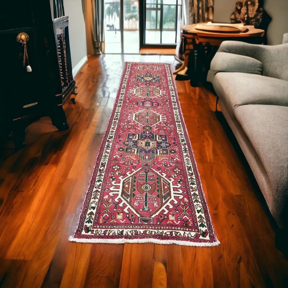 Vintage Caucasian Handmade Wool Runner Oriental Animal Heris Rug 2'9 x 10'2 3x10