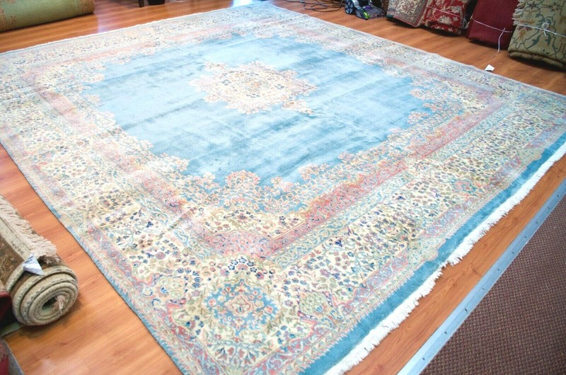 Wool Oriental Floral Handmade Pastel Blue/Green Rug, circa 1940 11'8" X 12'7" gallery