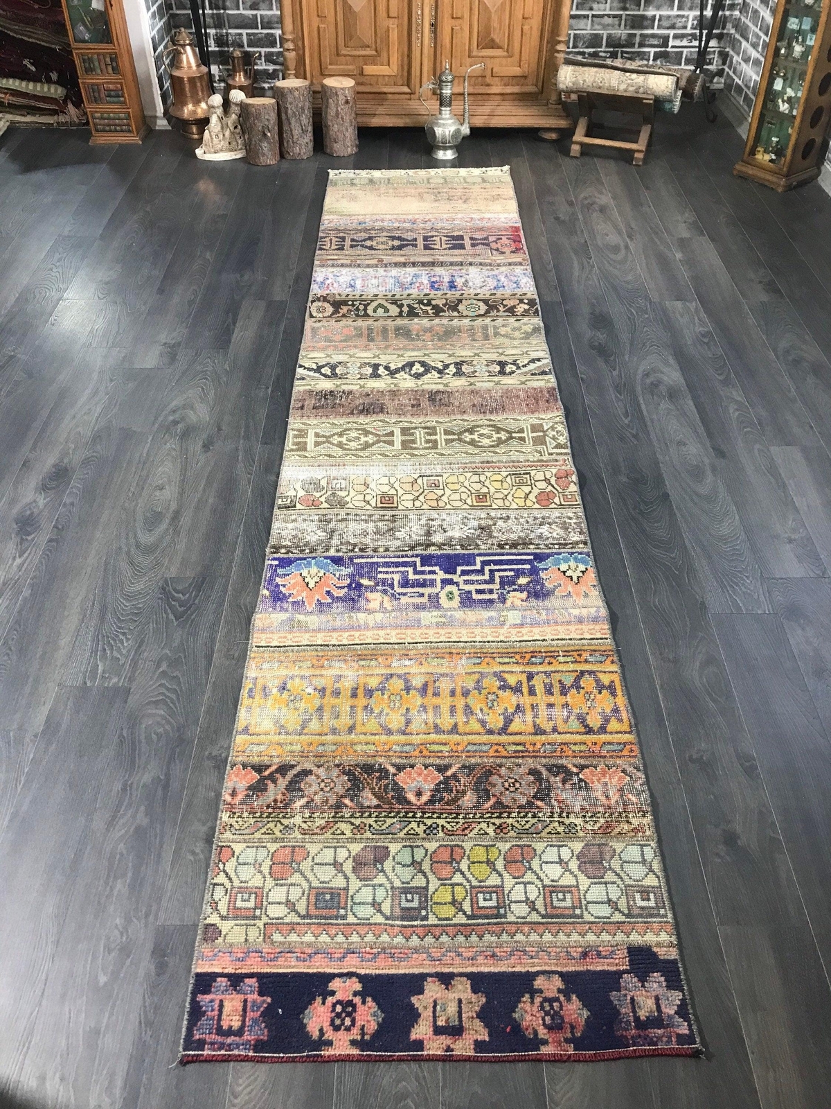 2.6x11.9 Small Vintage Wool and Cotton Runner Rug gallery