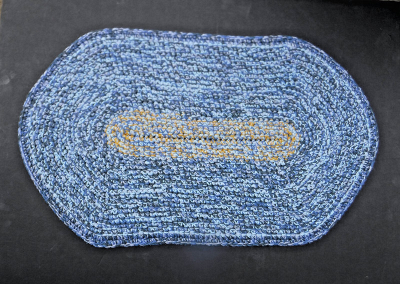 Handmade~Crocheted Yarn~Rag~Rug 20x34" Oblong~Farmhouse~Primitive~Lays Flat~Vtg gallery