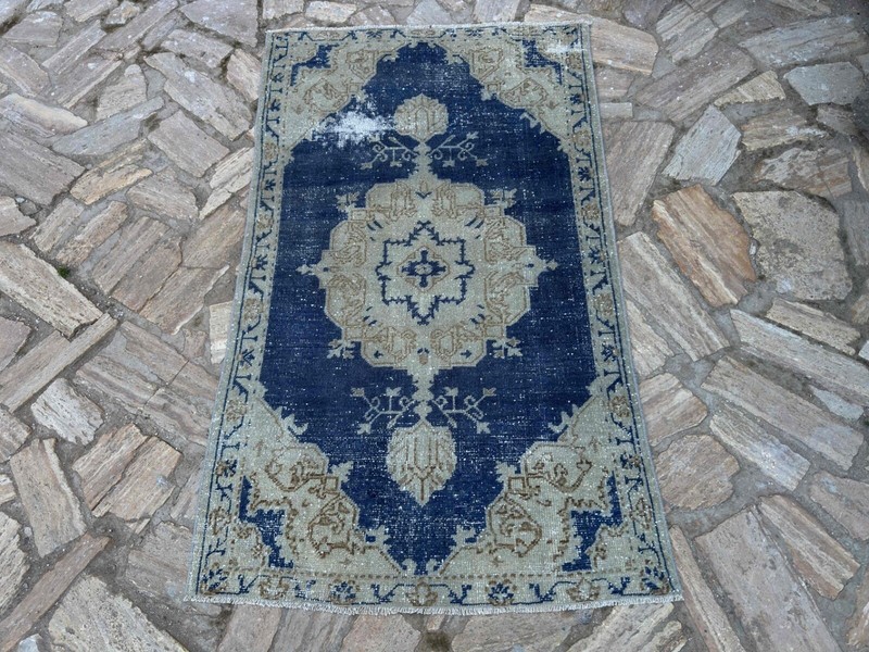 Hand-Knotted Turkish Carpet 3x5 Blue Wool Distressed Rug Muted Anatolian Carpet gallery