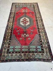 Oriental Hand-Knotted Wool Gallery Size Turkish Oushak Red/Blue/Ivory 4′ x 8’2″