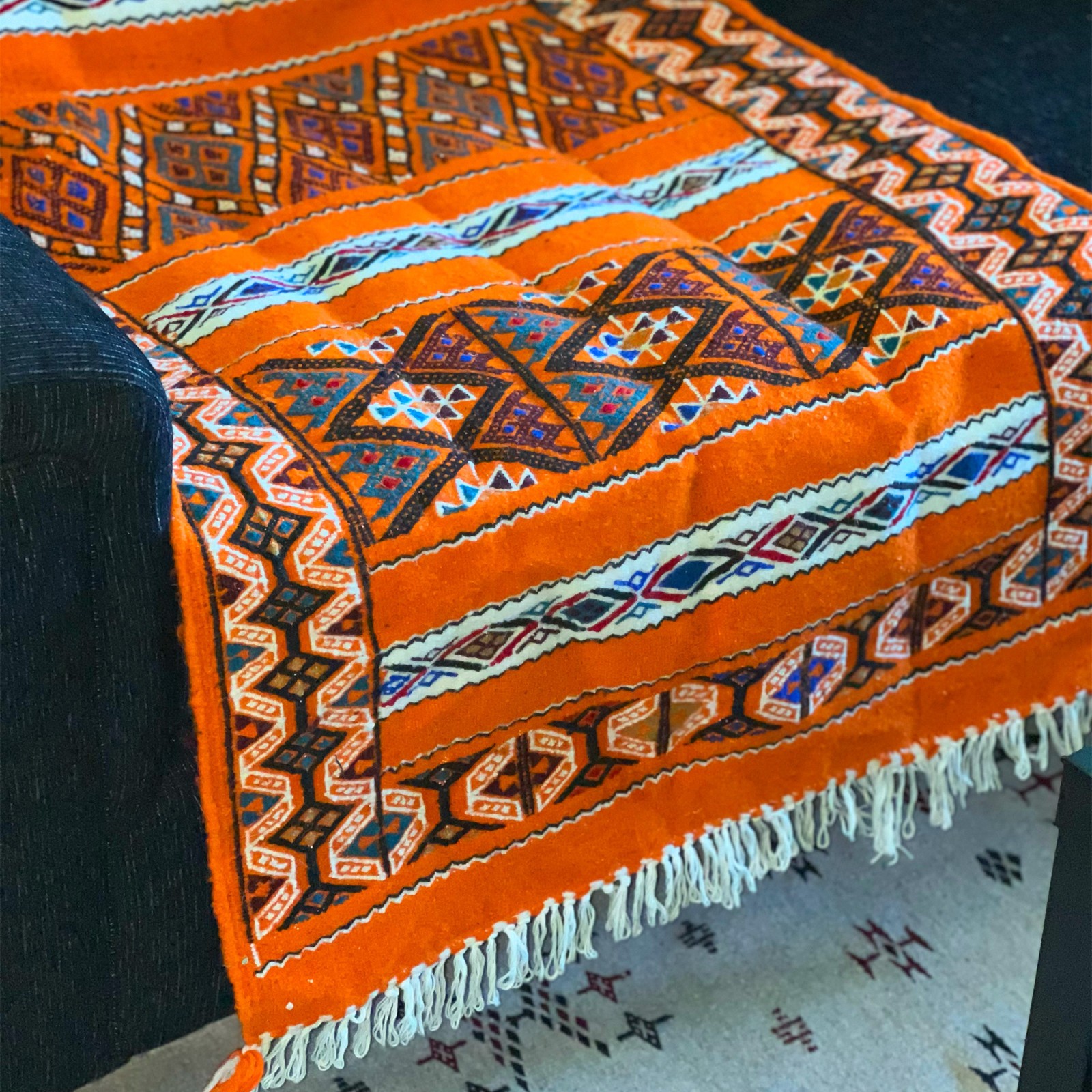 Algerian Traditional Berber Rug - Orange w White red & black colors gallery