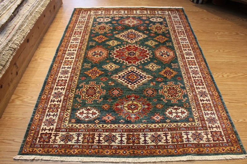 Caucasian Kazak Rug 5x7 ft. HANDMADE AUTHENTIC WOOL RUG Green Background Afghan gallery