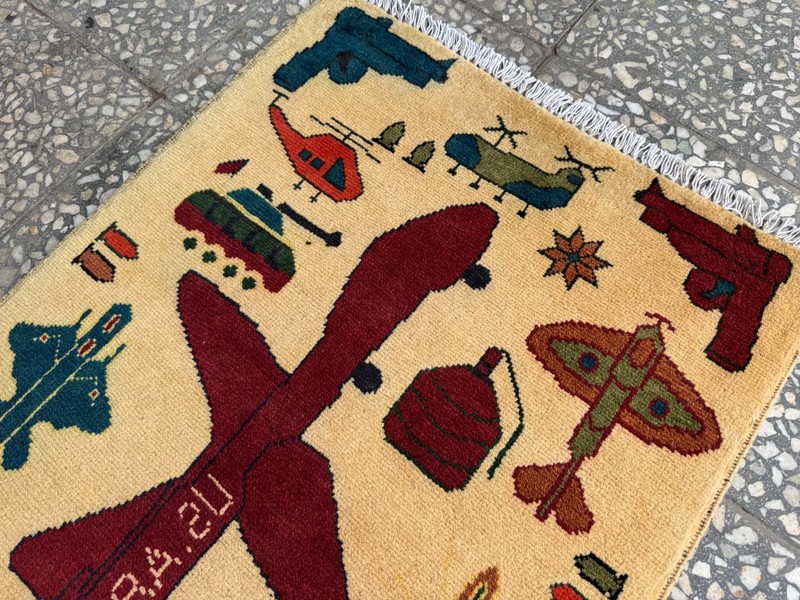 2x2.8 Afghan Hand Knotted War Rug Drone Pistols Wool Carpet New gallery