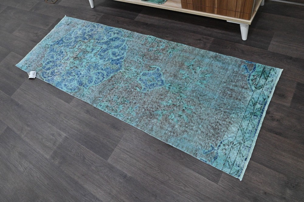 Vintage Turkish Runner Rug 2x6ft BLUE Handmade Anatolian Oushak Hallway Wool