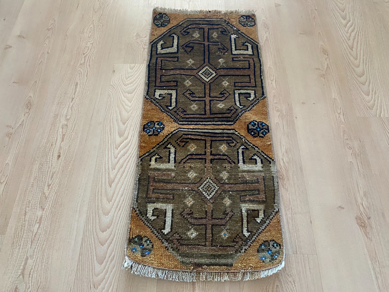 Vintage Anatolian Small Rug 1.2x2.9 ft Handwoven Wool Tribal Carpet gallery
