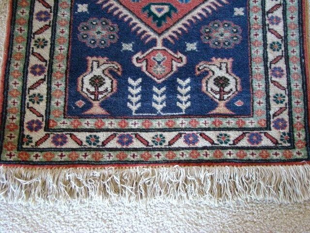 Beautiful Vintage 100% Woven Wool 40" Long Geometric Red & Deep Blue Rug gallery